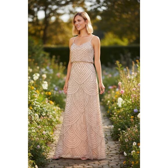 Adrianna Papell Art Deco Beaded Blouson Gown Champagne Nude Evening Dress US 4 - Picture 1 of 7